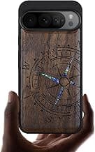 Carveit Designer Wooden Case for Google Pixel 9 Pro Case Cover [Wood Engraving & Shell Inlay] Compatible with Wireless Chargers Pixel 9 Pro Case (Incomplete Compass-Walnut) image