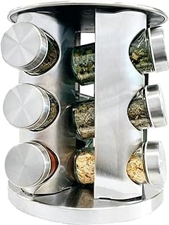 Rotatable Stainless Steel Spice Seasoning Organizer Rack with 12 Glass Jars, Ideal for Storing Spices, Salt, Pepper, Sugar and Dry Ingredients image