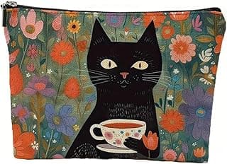 Cat Lover Makeup Bag, Waterproof Travel Cosmetic Pouch, 9.8 x 6.7 inches, Aesthetic Canvas Bag, Zipper Closure, Gift for Women (coffee cup cat) image