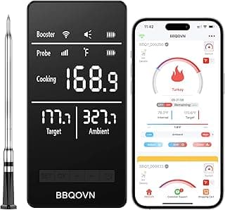 WiFi Sub-1g Wireless Meat Thermometer Unlimited Range, Check Temp Anywhere,7 NIST Certified Sensors with Ambient Temp Smart Digital Base,Monitor for BBQ, Grill,Oven, Smoker. (1, Black, Small)