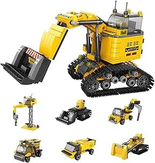 6 in 1 Construction Vehicle Building Block Toy Set Include Bulldozer,Tracked Excavator,Crane,Digger,Dump Truck Toy,for Boys & Girls image
