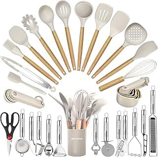 Kitchen Utensils Set- 35 PCs Cooking Utensils with Grater,Tongs, Spoon Spatula &Turner Made of Heat Resistant Food Grade Silicone and Wooden Handles Kitchen Gadgets Tools Set for Nonstick Cookware image