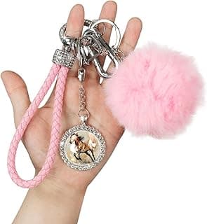 Keychain with Faux Ball Pom Pom, Cool Horse Keyring Bag Accessory for Women Girls image
