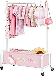 GRANNY SAYS Kids Clothing Rack with Storage Box, Dress Up Storage, Kids Closet for Little Girls, Baby Clothes Rack, Toddler Garment Rack for Coats, Dress Up Costumes, Princess Dresses, Pink