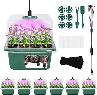 6 Pack Self Watering Seed Starter Tray Kit with Grow Light and Humidity Dome 72 Cell Plant Seedling Tray Reusable Plastic Germination Trays for Indoor Gardening Seeds Growing Starting image