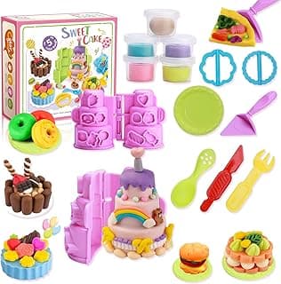 Birthday Cake Color Dough Set, Kitchen Creations Tools Kit, Food Cookies Accessories Playset for Kids Ages 3-8, Birthday Party Pretend Play Toys Gift (5 Colors Dough with Cans) image