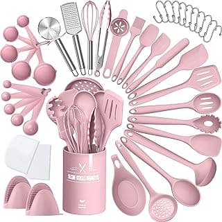 Silicone Cooking Kitchen Utensil Set, AIKKIL 43 Pcs Pink Cooking Utensils Set, Turner, Tongs, Spoon, Spatula, Kitchen Gadgets Tools Set For Nonstick Cookware, Heat Resistant (Dishwasher, BPA Free)