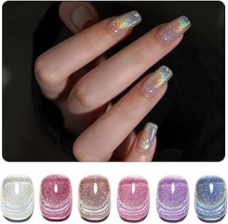 GAOY Rainbow Glitter Cat Eye Gel Nail Polish Set, 6 Holographic Sparkle Colors Gel Nail Kit for Nail Art DIY Manicure and Pedicure at Home image