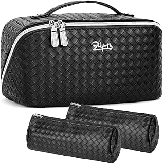 Travel Makeup Bags Cosmetic Organizer Bag: Large Capacity Make up Bag Set of 3 - Vegan Leather Toiletry Bag for Women - Portable Makeup Organizer with Compartments & Handle & Divider (01 Black) image