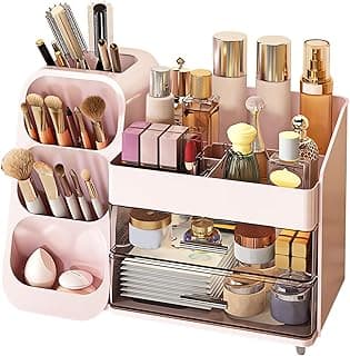 DASITON Makeup Organizer with Drawers for Vanity,Large Capacity Cosmetic Display Case with Makeup Brush Holder,Skincare Organizer for Bedroom Dresser Bathroom,Cosmetic Organizer Countertop(Pink) image