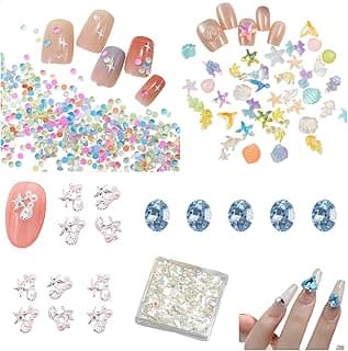 Ocean Nail Charms Kit – 3D Starfish, Seashells, Dolphins, Pearls & Iridescent Flakes for Mermaid Nails, Beach Summer Nail Art Decorations, DIY Nail Tech Supplies