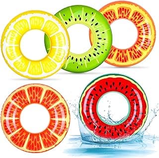 Elcoho 5 Pieces Inflatable Pool Floats 29.5 Inches Swim Tubes Rings Fruits Swimming Rings Big Beach Swimming Water Toys for Summer Outdoor Party Favors