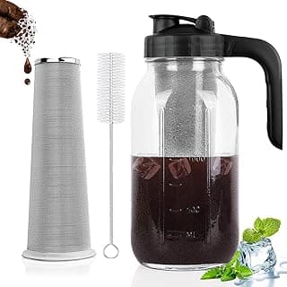 Cold Brew Coffee Maker Pitcher, 64 Oz Heavy Duty Glass Mason Jar Pitcher with Pour Spout Handle Lid,Stainless Steel Filter for Iced Coffee,Iced tea,Fruit Drinks,lemonade - Black image