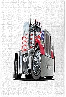 Truck Print,Portable Wooden Jigsaw Puzzle for Adults,American Flag Themed Transportation Car,Birthday Gift for Family and Friends,Red White Blue Plastic Box Storage 1000PCS image