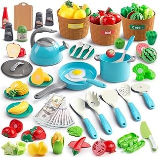 90Pcs Kitchen Playset Accessories, Pretend Cooking with Pots, Pans, Cookware, Food, Fruit, Veges, Color Sorting Baskets, Prop Money, Learning Gift for Girls Boys Toddlers (Turquoise) image