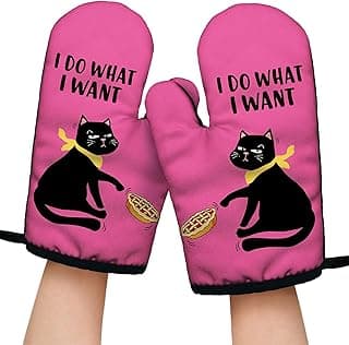 I do What I Want Funny Oven Mitts with Hanging Loop and Silicone Non-Slip, Humor Black Cat Sarcastic Baking Kitchen Utensils 2-Piece Set, Gifts for Cat Lover Mom Wife Sister BFF Colleague