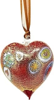 Handmade Murano Glass Heart Shaped Ornament with Millefiori,1 PCS, Red Glass Heart Ornament, 4" x 3.25", Valentines Hearts Decor, Centerpiece, Made in Italy image