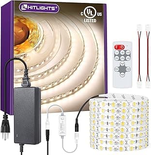 HitLights White LED Strip Lights Kit with Remote & 12V Power Supply, 16.4ft High Density Dimmable Tape Light 4000K, 600 LEDs, 300Lm/ft, UL Listed, Flexible Rope Lights for Bedroom, Kitchen, Cabinet image