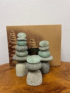 Garden Age Supply Rock and Glass Mini Cairn Sculptures 3 Piece Set - Balanced Rock Stacked Stone Zen Meditation Stone Gift Box Set image