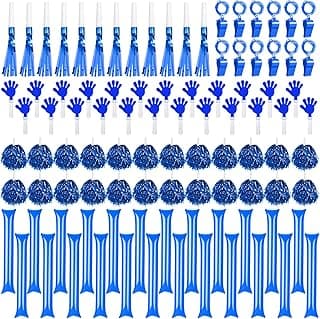 Yunsailing 96 Pcs Noisemakers Team Spirit Accessories Include 24 Hand Clappers 24 Cheerleading Pom Poms 24 Thunder Stick 12 Cheer Party blowers 12 Plastic Whistle for Spirit Week Sport (Blue) image