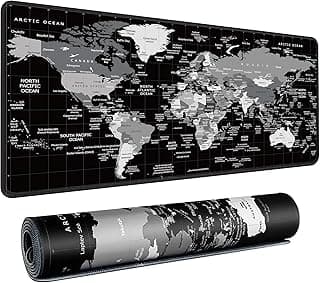 World Map Gaming Mouse Pad Black Desk Mat,Desk Pad XXL Mouse Pads for Desk 35.4x15.7in Mousepad with Stitched Edges,Non-Slip Rubber Base,Waterproof Computer Keyboard Pad for Gamer,Office&Work image