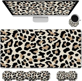 Gaming Mouse Pad Wrist Support & Desk Mat(35.4" x 15.7") & Keyboard Wrist Rest & Coasters 4 Pcs Set with Memory Foam Ergonomic Easy Typing Pain Relief - Leopard Print Pattern
