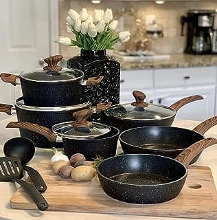 Kitchen Academy Induction Cookware Sets - 12 Piece Cooking Pan Set, Granite Black Nonstick Pots and Pans Set image