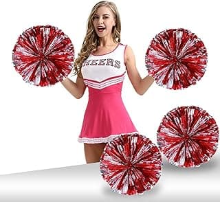 Pack of 4 Cheerleading Pom Poms Foil Plastic Metallic Cheerleader Pom Poms for Cheer Sport Kids Adults Team Spirit Cheering (Red/Silver) image