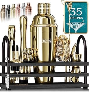 Mixology Bartender Kit Bar Set | 14-Piece Cocktail Shaker Set | Martini Barware Mixing Tools for Home Bartending | 35 Recipe Cards | Gift Set (24oz Cobbler Shaker, Gold/Black) image
