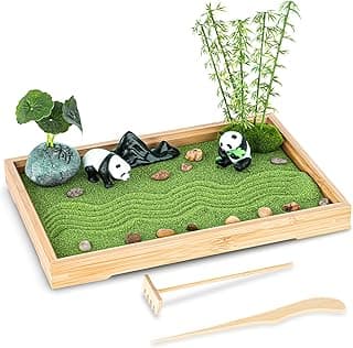 Zen Garden Kit for Desk 11''x7.5'' Room Decor with Green Sand, Panda Decorative Ornaments, Haystack, Ceramic Mountain, Stones and Rakes (Panda Bamboo) image
