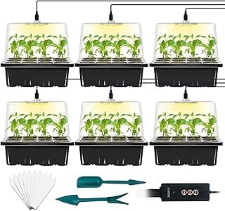 6-Set Seed Starter Tray with Grow Light, Seed Starting Trays Kits with Timing Controller Adjustable Humidity Domes Heightened Lids(12-Cells Per Tray) image