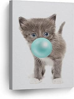 Smile Art Design Cute Cat Kitten Animal Bubble Gum Art Teal Blue CANVAS PRINT Photo Wall Art Home Decoration Pop Art Kids Room Decor Nursery Ready to Hang-%100 Handmade in the USA - 36x24 image