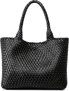 Woven Bag for Women, Fashion Top Handle Shoulder Bag Vegan Leather Shopper Bag Large Travel Tote Bag image
