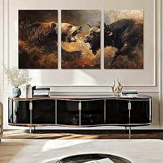 Bull and Bear Canvas Wall Art, Stock Market Canvas Wall Art, Bull Bear Picture Print, Animal Painting Decor, Street Office Print, Stock Market Trading Artwork, Living Room, Office Decor (16" x 24" x 3 pcs )