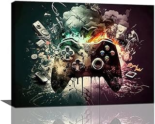 Game Wall Art Gamepad Pictures Wall Decor Prints Cool Controllers Canvas Framed Gaming Painting Video Game Poster Artwork for Boys Gamer Room Playroom Bedroom Dorm 16"x12" image