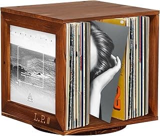 Rotating Vinyl Record Storage, Wooden Album Storage for Vinyl Records, Record Album Storage Cube Stackable Vinyl Record Crate Display Box Storage 60 Albums image