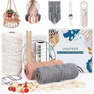 UHAPEER Macrame Kits for Adults Beginners with 656 Feet 3 mm Macrame Cotton Cord, DIY Macrame Plant Hanger Kit with Macrame Supplies and Instructions, Macrame Meads, Wooden Rings, Dream Catcher Rings image