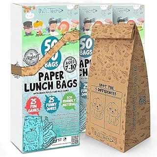 NIL-TECH Kids Paper Lunch Bags - Eco Friendly Food Safe Brown Sandwich Bags with Printed Jokes and Games, 50pc (3 pack) Brown Paper Bags for Everyday Snack, Sandwich, Biodegradable Food Safe Paper