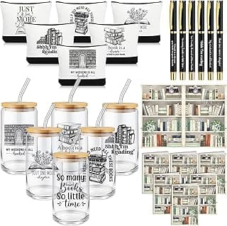 24 Pcs/ 6 Set Book Lovers Gifts Include 16 oz Glass Cup, Canvas Makeup Bag, Ballpoint Pens and Book Card 6 Style Book Club Gifts for Librarian Readers Gifts for Women Coworker image