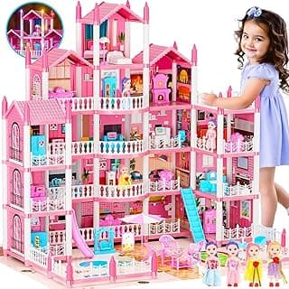 Big Dream Doll House for Girls with 5 Stories 19 Rooms, Dolls, Mat, LED Light, Furnitures, Puppie, Accessories, Toddler Dollhouse Gift for for 6 7 8 9 10 Year Old Girls Toys
