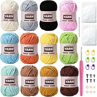 12 Pack Chenille Velvet Yarn - Baby Yarn for Crocheting soft - Amigurumi Yarn Set with 600g(787yd) Crochet Yarn Crochet Hook、Stitch Markers、Fluffy stuffing、Accessories A