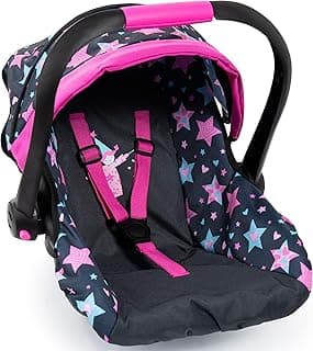 Bayer Design Dolls: Car Seat - Turquoise, Pink, Stars - Fits Dolls Up to 18", Kids Pretend Play, Safety Belt, Sun Canopy, Ages 3+