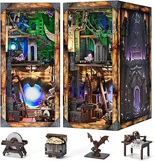 DIY Book Nook Kit for Adults, 3D Wooden Puzzle Bookend Bookshelf Insert Decor with LED Light and Dust Cover (Sword and Magic) image