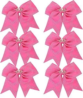 6PCS Large Rhinestones Cheer Hair bows with Crown, Cheerleading Bow with Ponytail Holders Elastic Hair Band for Cheerleaders Teen Girls Sports (Pink)