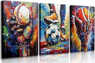 3 pcs Graffit Sports Wall Art Graffit Inspirational Sports Wall Decor Graffit Football Canvas Pictures Colorful Motivational Basketball Posters Prints Baseball Painting for Boys Room(12X16in Canvas)