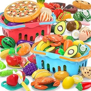 120 Pcs Cutting Play Food Toy for Multiple Kids with 2 Colors Storage Baskets, Kitchen Pretend Food Set for Toddler, Kitchen Toys Accessories, Fake Food/Fruit/Vegetable, Birthday Gifts for Boy Girl image