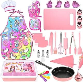 Kids Cooking and Baking Set with Storage Case Complete Cooking Supplies Kids Baking Kit Pretend Play Cooking Toys Unicorn Apron and Chef Hat for Girls & Boys image