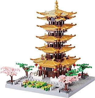 Chinese Ancient Famous Architecture Micro Building Blocks Set for Adults Yellow Crane Tower with Sakura Tree Cherry Plants, Toys for Kids Age of 14+ 2200 pcs image