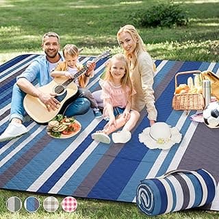 Picnic Blankets Outdoor Extra Large - 80"x80" Waterproof Beach Blanket, Machine Washable 3-Layer Foldable Park Mat with Sandproof Backing for Grass, Hiking, Travel, Concerts, Indoor (BlueStrip) image