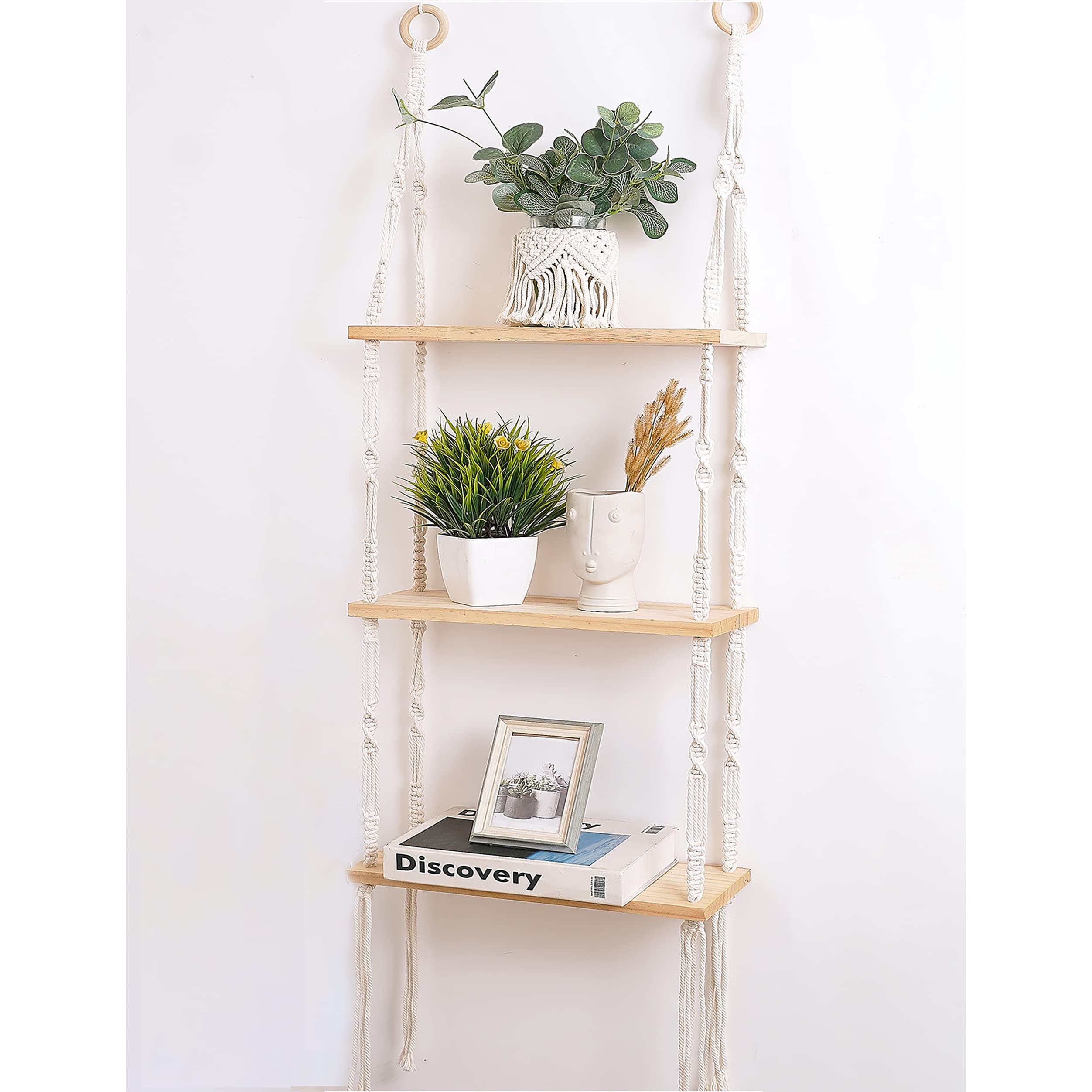 Boho 3-Tier Wooden Plant Shelves - Macrame Wall Hanging Storage for Apartment, Bathroom, Living Room, Bedroom